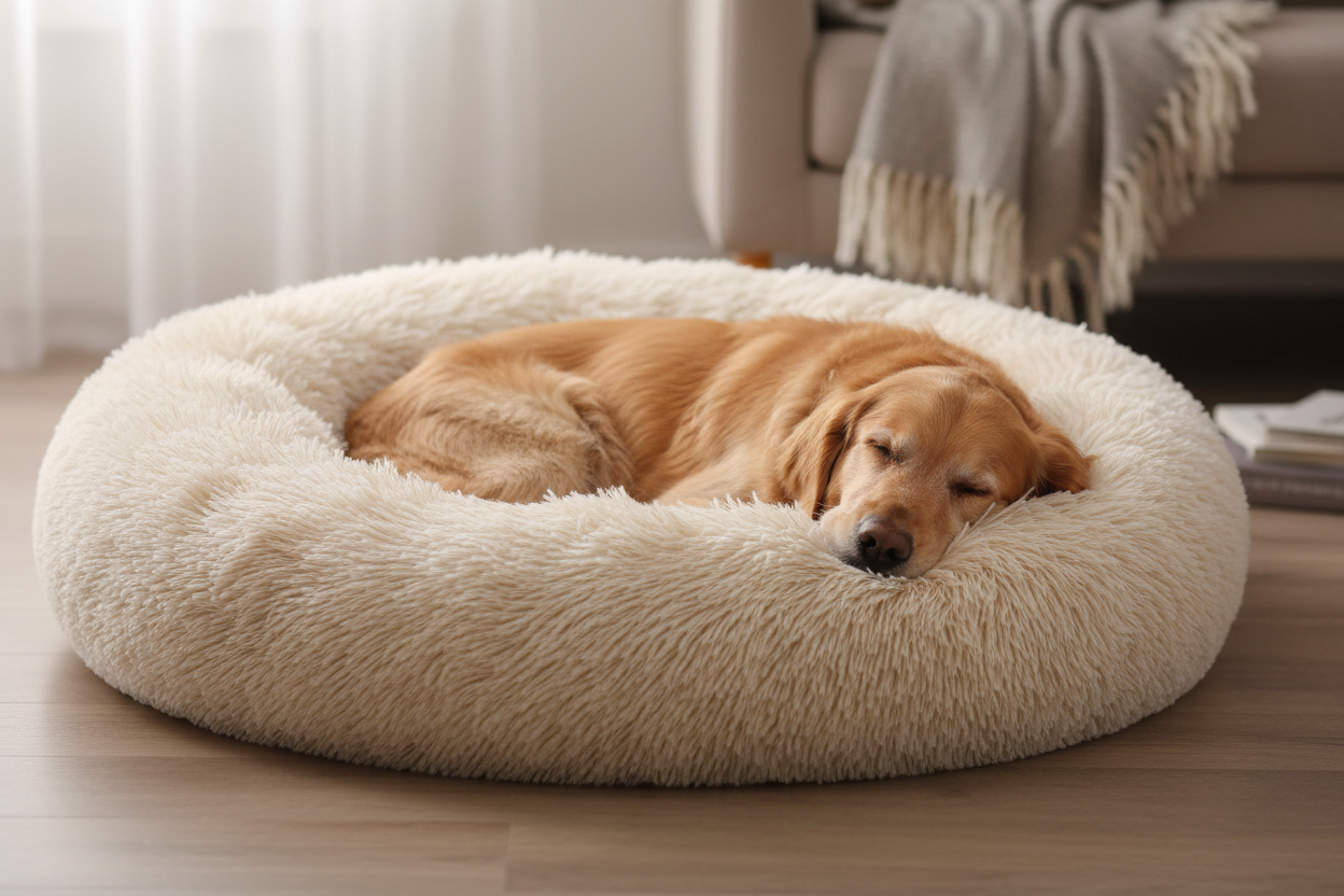 a dog asleep in a fluffy anti anxiety donut bed