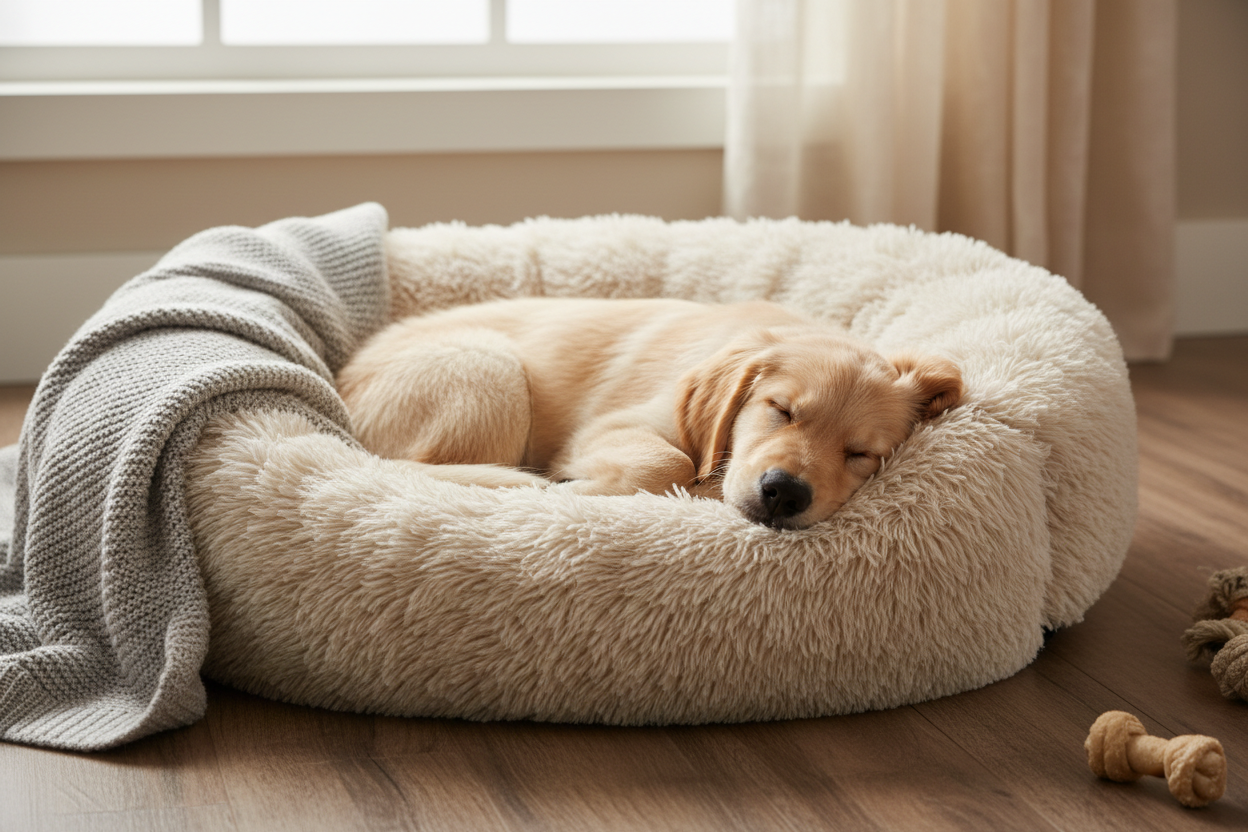 a dog asleep in a fluffy anti anxiety donut dog bed