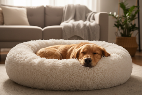 a dog asleep in a fluffy anti anxiety donut dog bed